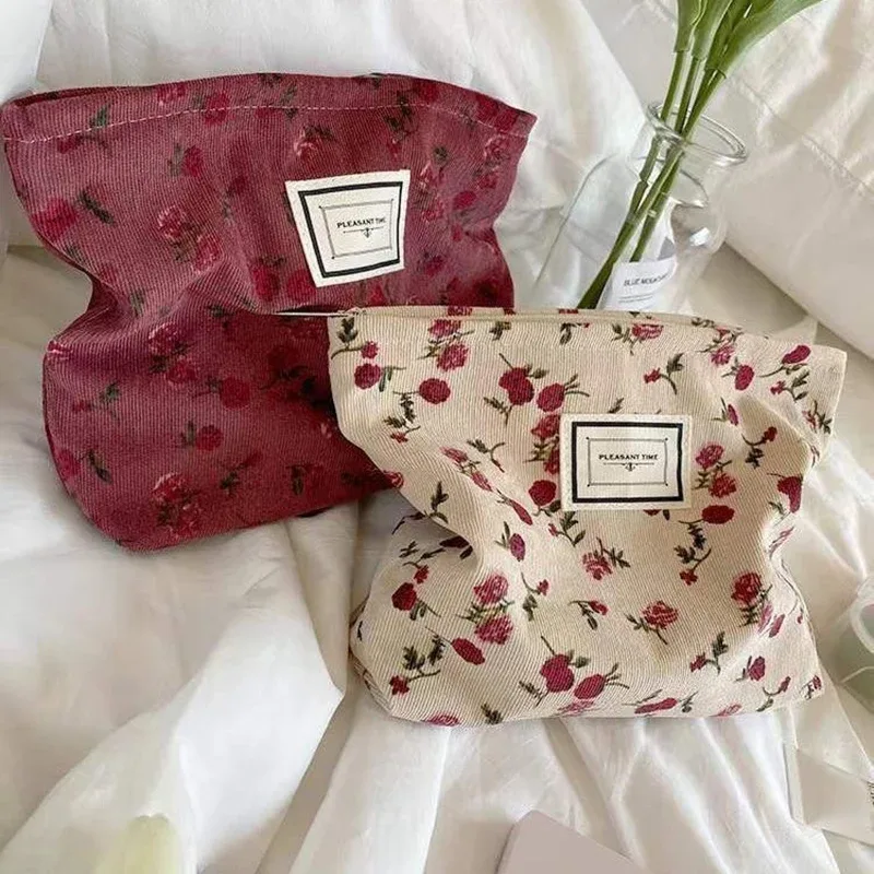 sac à cosmétiques en velours côtelé pour femmes, pochette à fleurs, trousse de beauté, trousse de toilette mignonne, grands sacs d'évaluation de maquillage, poudres cosmétiques coréennes