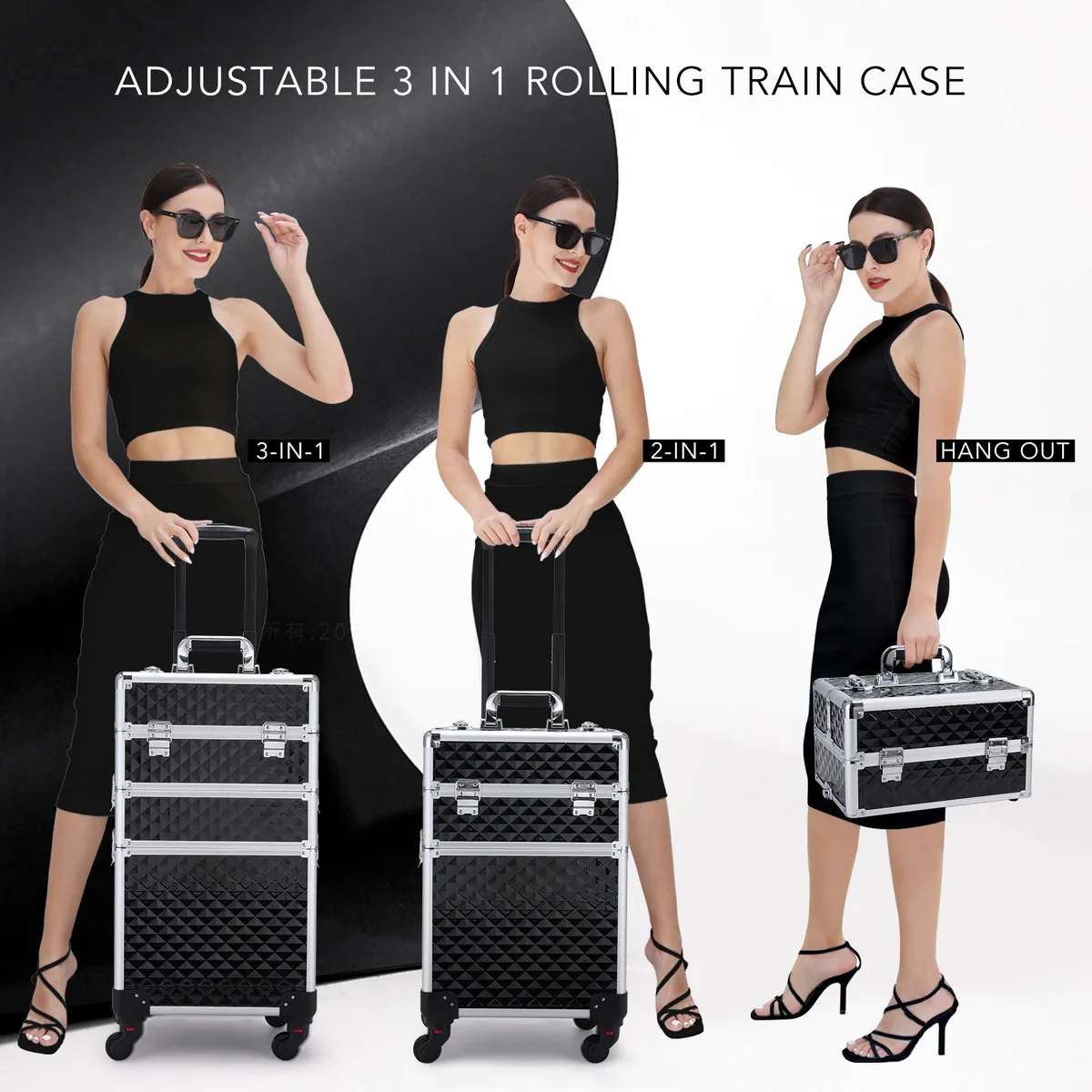 valise de rangement roulante à 4 plateaux avec poignée télescopique, valise de maquillage 3-en-1 à cadre en aluminium, mallette de maquillage sur roulettes, chariot de maquillage portable, valise de barbier, organisateur d'outils professionnels pour vernis à ongles, valise de rangement
