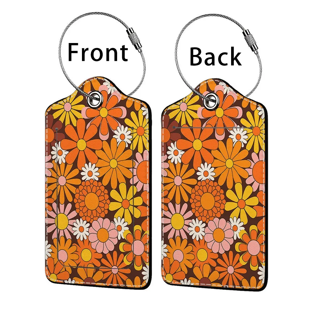 étiquette bagage polyuréthane motif floral subtil fond beige anneau métallique voyage affaires identification nom adresse