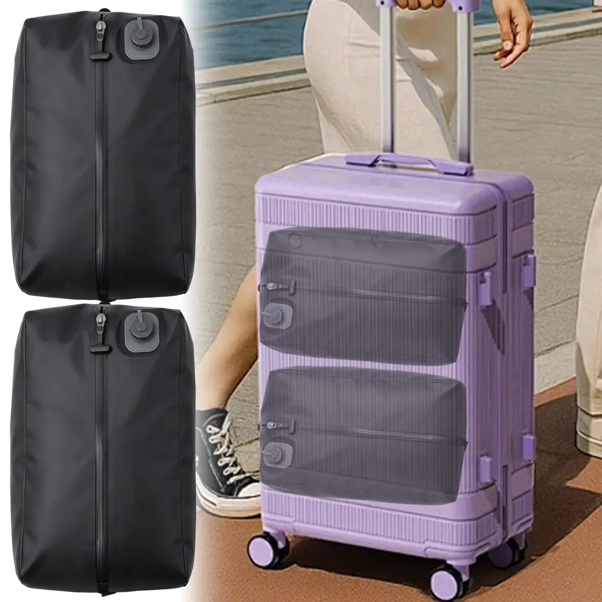 organisateur voyage nylon rose lignes verticales motif gris sac compression anti fuite durabilité camping affaires déménagement rangement vêtements literie