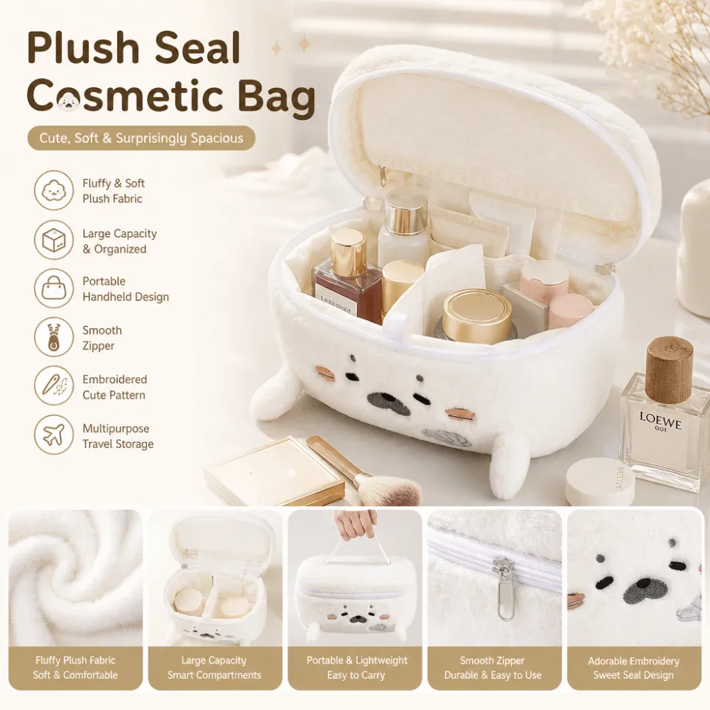 trousse de maquillage grande capacité motif brodé fluffy little seal, sac cosmétique portable de voyage multifonctionnel