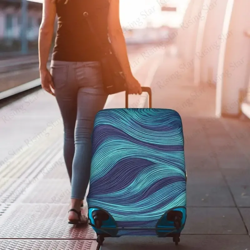 housse de protection pour valise de voyage à motif de lignes ondulées bleu-violet, adaptée aux valises de 18 à 32 pouces.