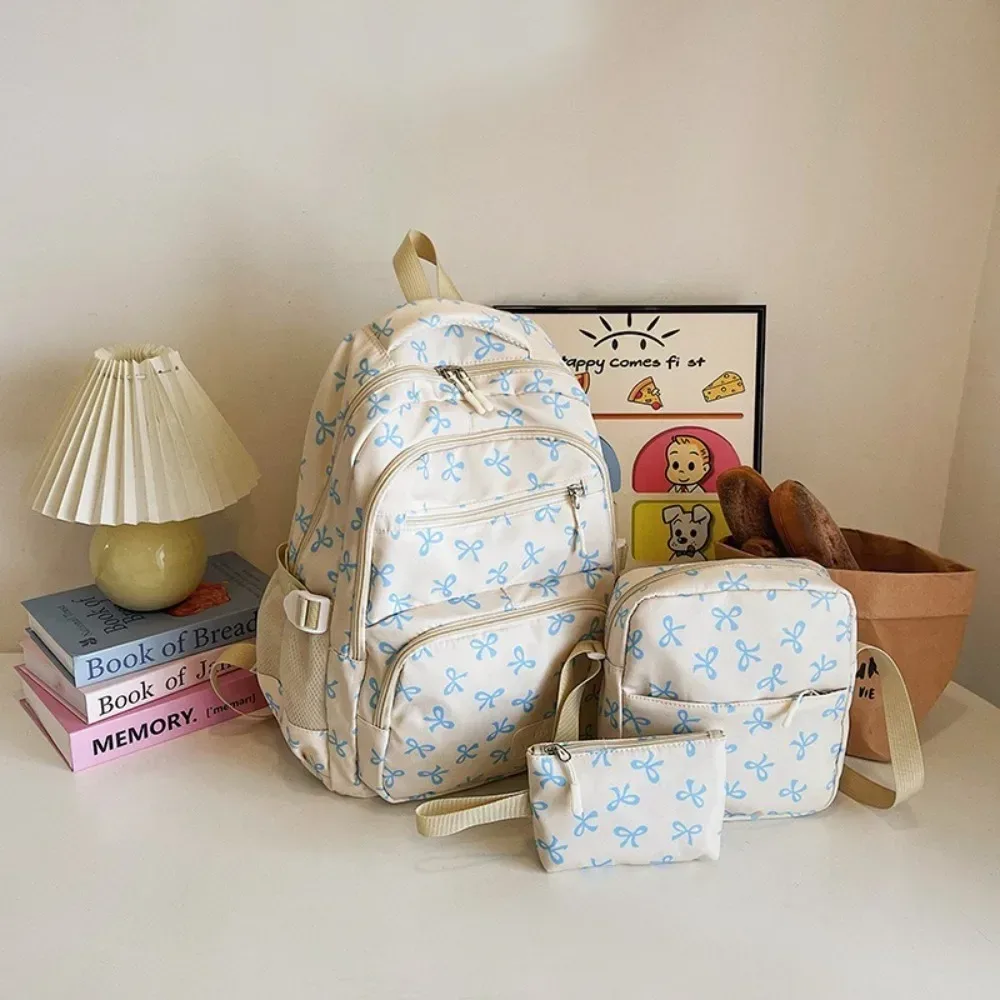 3 pièces/ensemble mignon grande capacité arc sac à dos nœud imprimé nylon sac d'école sangle réglable voyage sac à dos