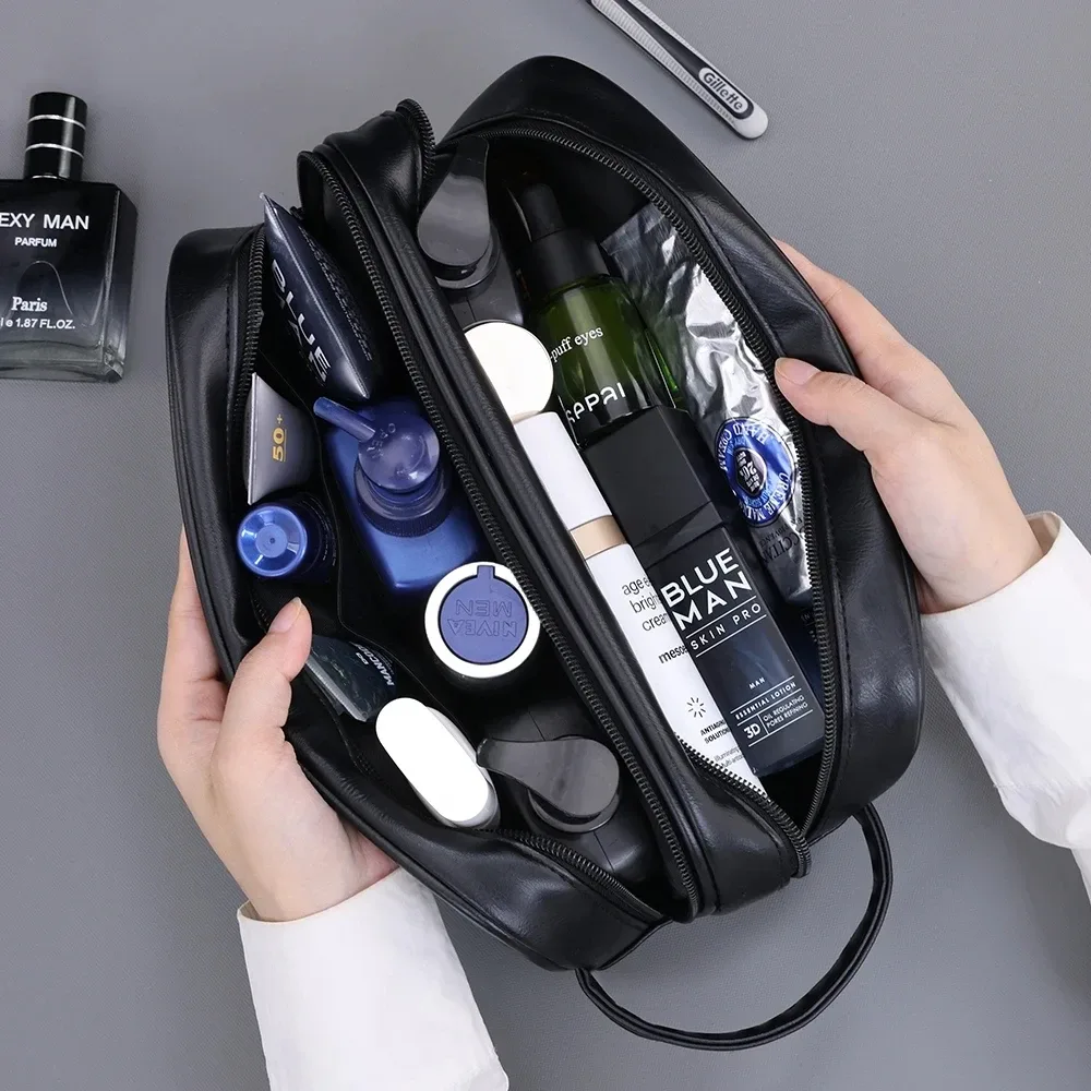 trousse de toilette homme en cuir pu double couche, organisateur de voyage résistant à l'eau pour articles de toilette et cosmétiques, sac de rangement pour rasage