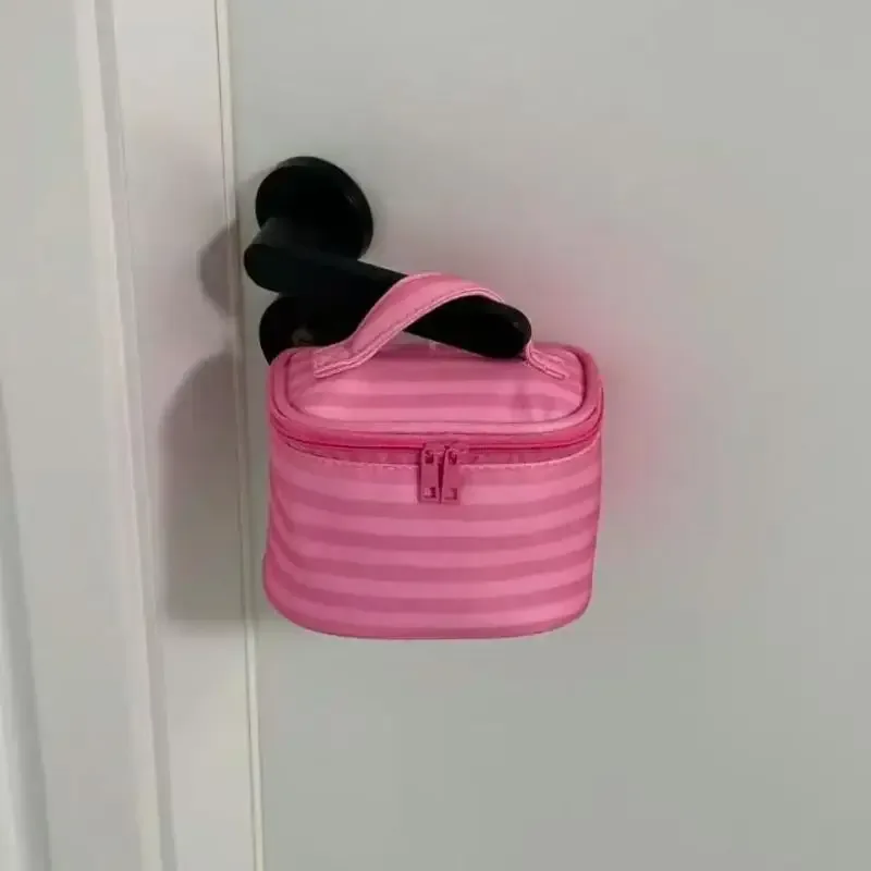 Trousse de Maquillage Rose Rayée avec Miroir et Fermeture Éclair, Sac de Voyage Portable pour Femmes, Organisateur Cosmétique Mignon et Doux, Pochette de Toilette