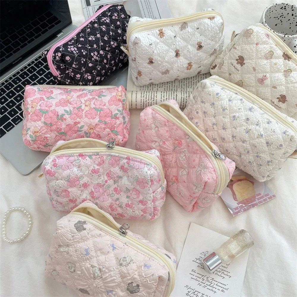 sac de maquillage à fleurs roses pour femmes, mignon, organisateur de voyage, pièces de monnaie cosmétiques, pochette pour filles, sacs à cosmétiques carrés à fermeture éclair de dessin animé mignon