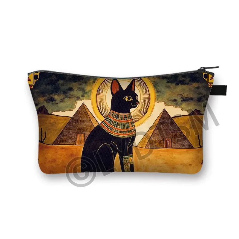 trousse à cosmétiques imprimée chat noir égyptien ancien, sac de maquillage pour femmes, hiéroglyphes égyptiens, croix ankh, rouge à lèvres, serviette, sacs de toilette