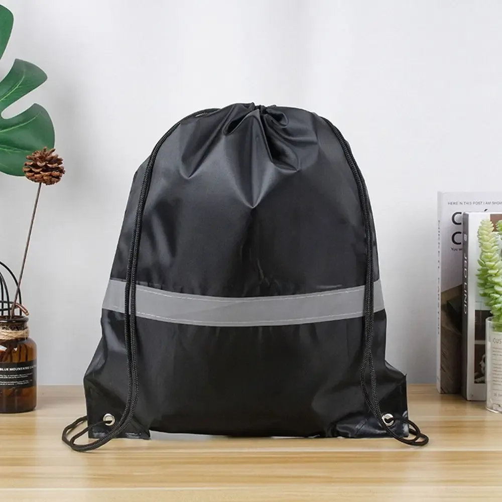 sac à dos de sport à rayures réfléchissantes, cordon de serrage, polyester 210d, couleur unie, sac à bandoulière de sport en nylon, étanche et portable