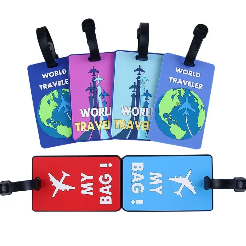 Étiquette de bagage en PVC souple pour hommes et femmes, lettre imprimée, étiquette de voyage, nom de valise, étiquettes de sac, avion, attro, mignon, accessoires