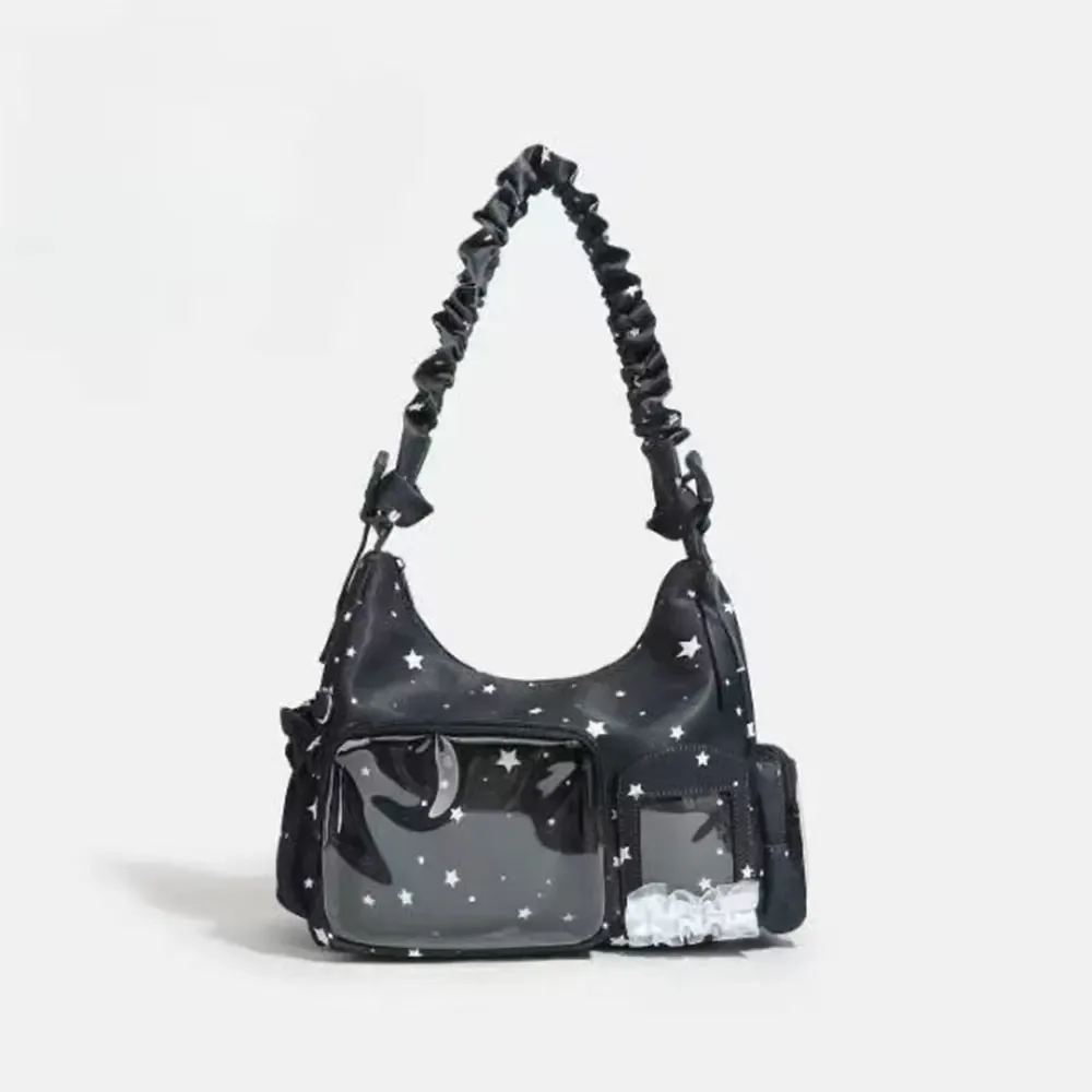 sac à bandoulière transparent à motif étoile avec volants, pochette ita, sac hobo, sac de collection pour fans, sac à main avec fenêtre transparente pour cartes photo