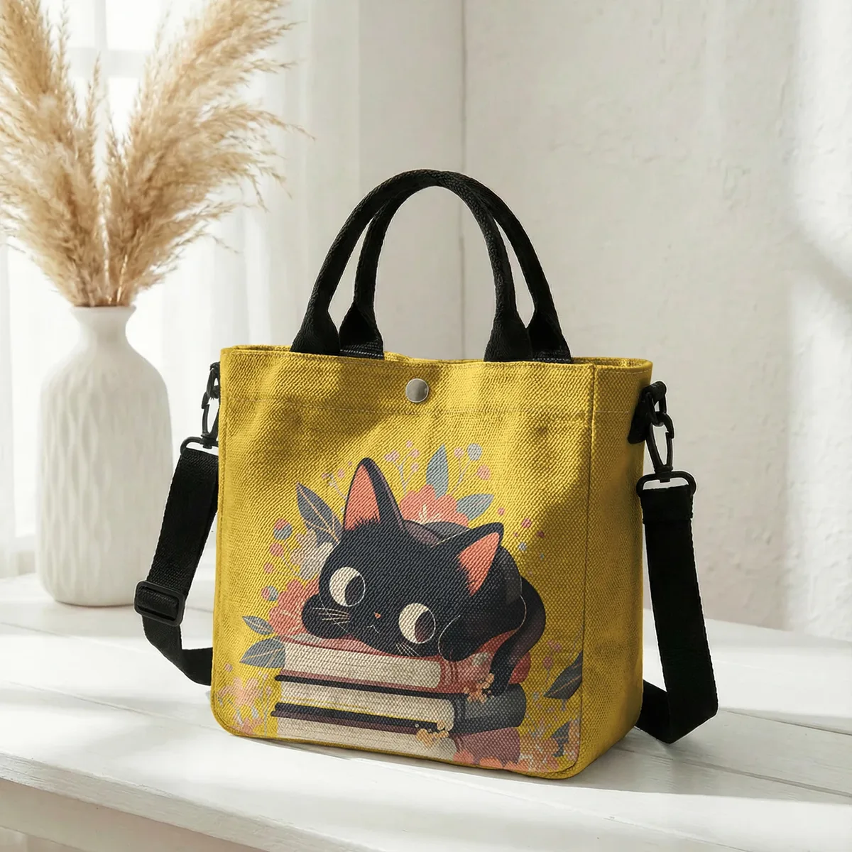 sac fourre-tout à imprimé floral avec chat noir mignon empilé sur des livres, sac à bandoulière détachable pour femme, idéal pour le shopping quotidien