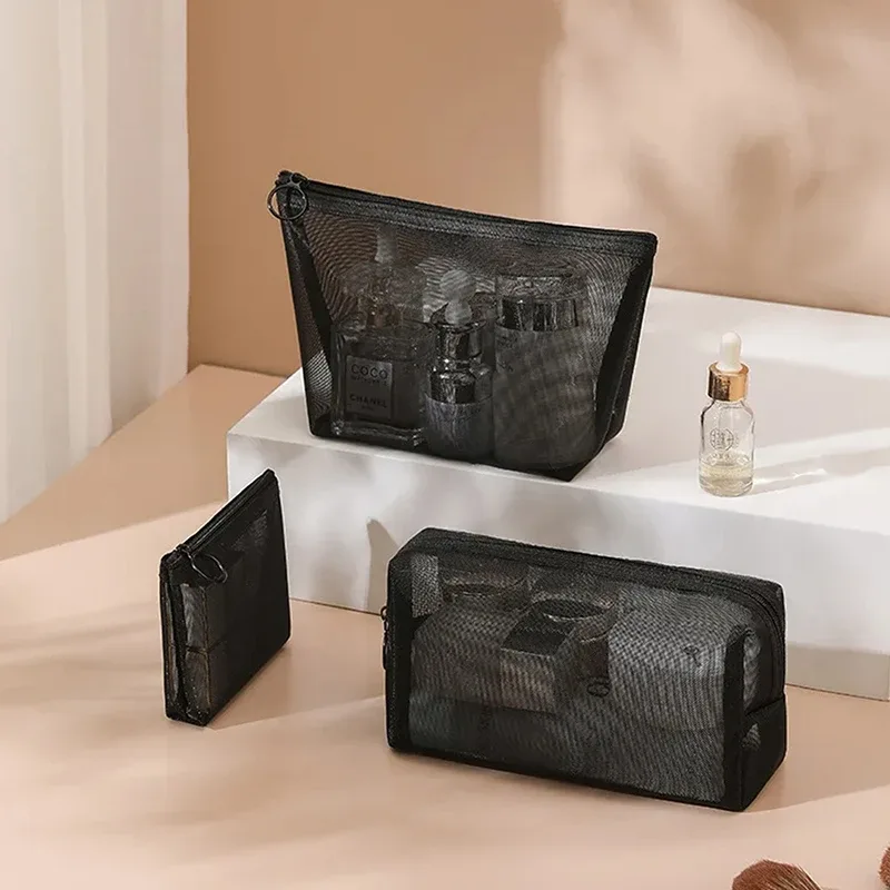 sacs cosmétiques transparents en maille noire - trousse de toilette de voyage portable, petite et grande, pochette de rangement pour maquillage et rouge à lèvres
