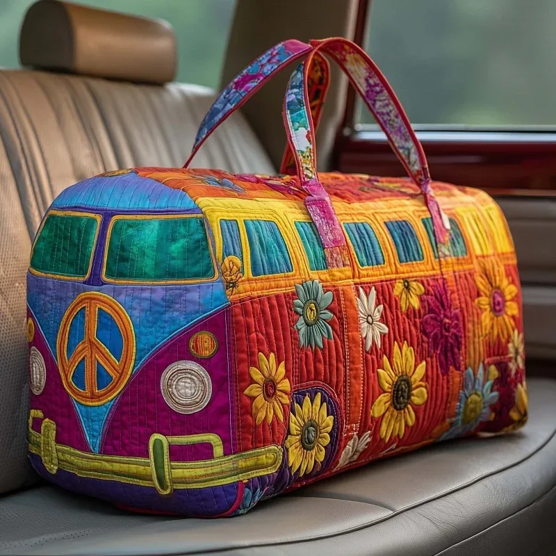 sac voyage polyester fleurs paix jaune blanc vert voyage week end sport camping randonnée polyvalent