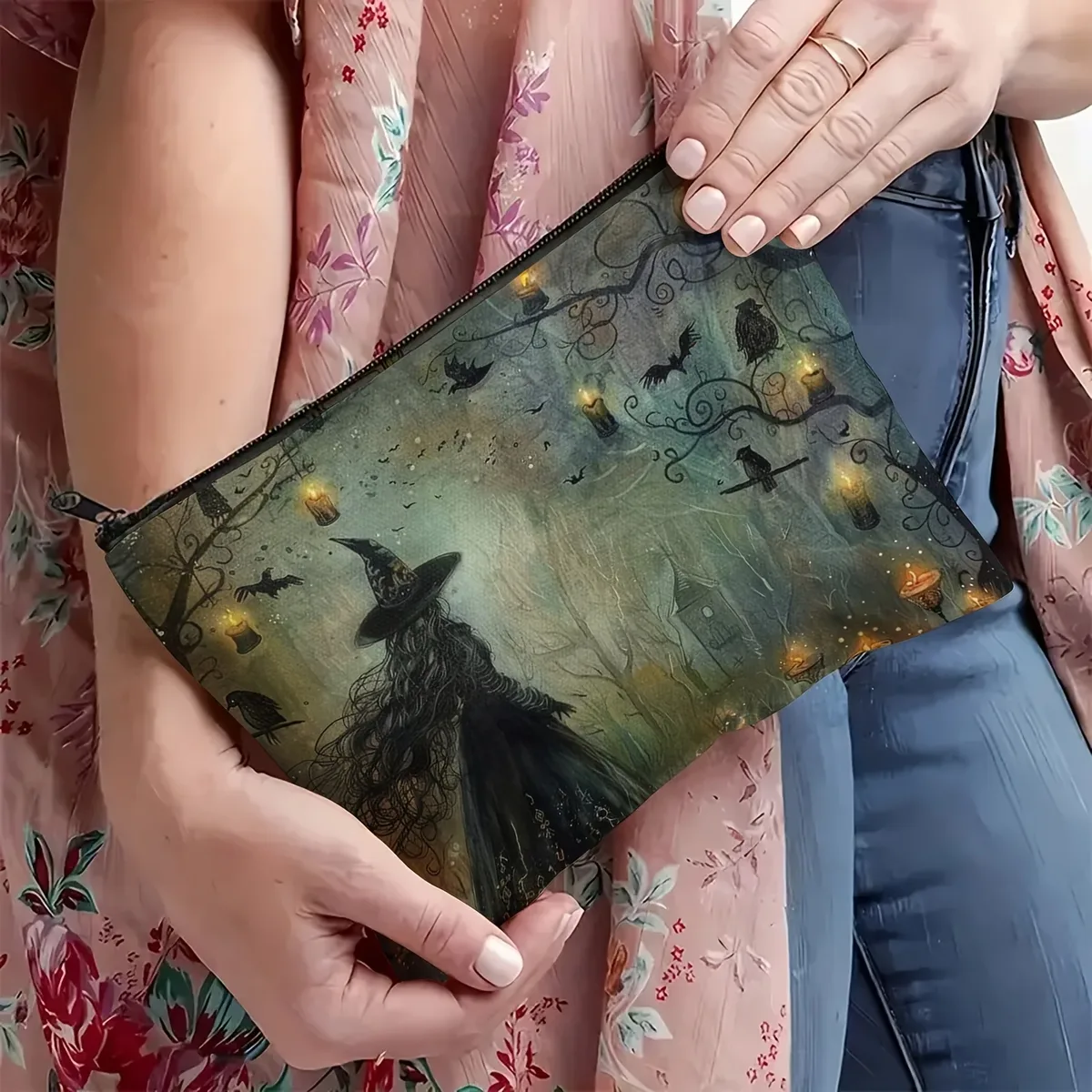 trousse de maquillage sur le thème des sorcières halloween 1 pièce | pochette cosmétique de voyage avec fermeture éclair, légère et polyvalente