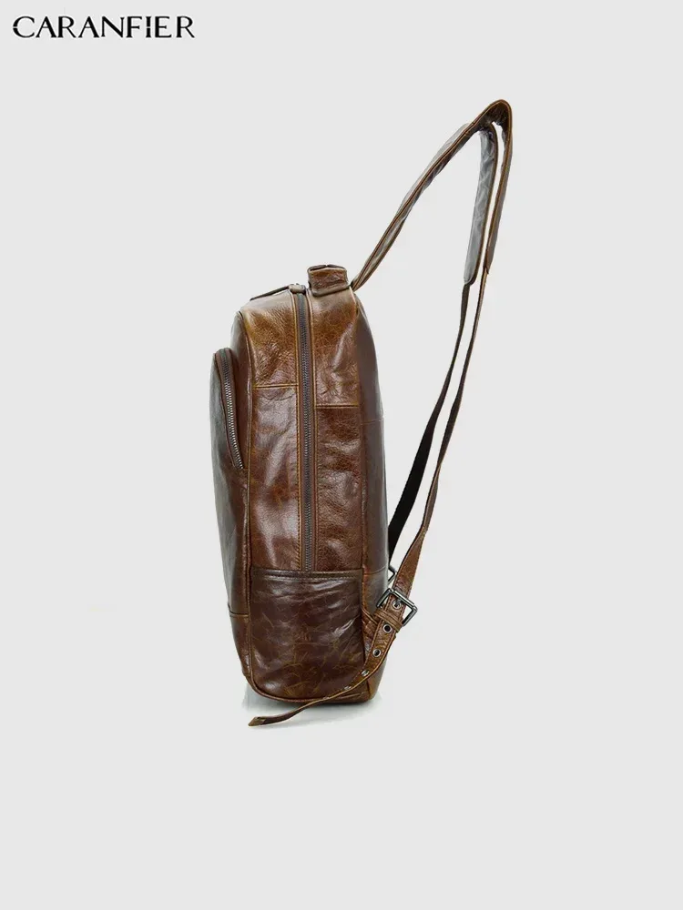 sac dos cuir véritable marron foncé poignées boucles métalliques pochette latérale bandoulière arquée fermeture éclair informatique voyage