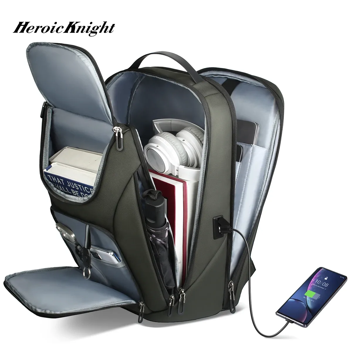 Heroic Knight-Sac à dos étanche pour ordinateur portable d'affaires, grande capacité, multi-usage, travail, sac lancé au bureau, port USB pour touristes, 17.3 pouces