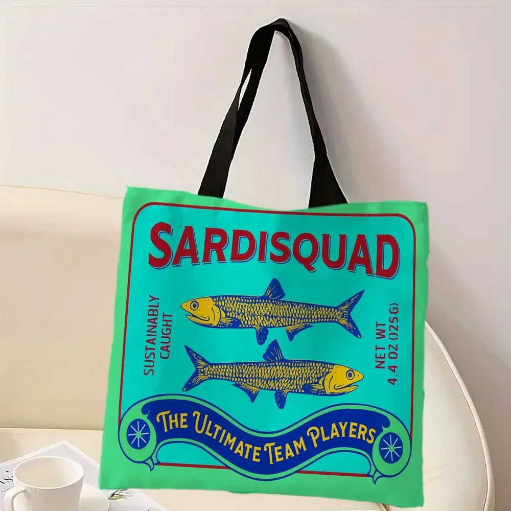 sac à main décontracté imprimé de sardines colorées à la mode, sac à dos réutilisable à la mode, sac fourre-tout multifonctionnel, sac de courses en polyester