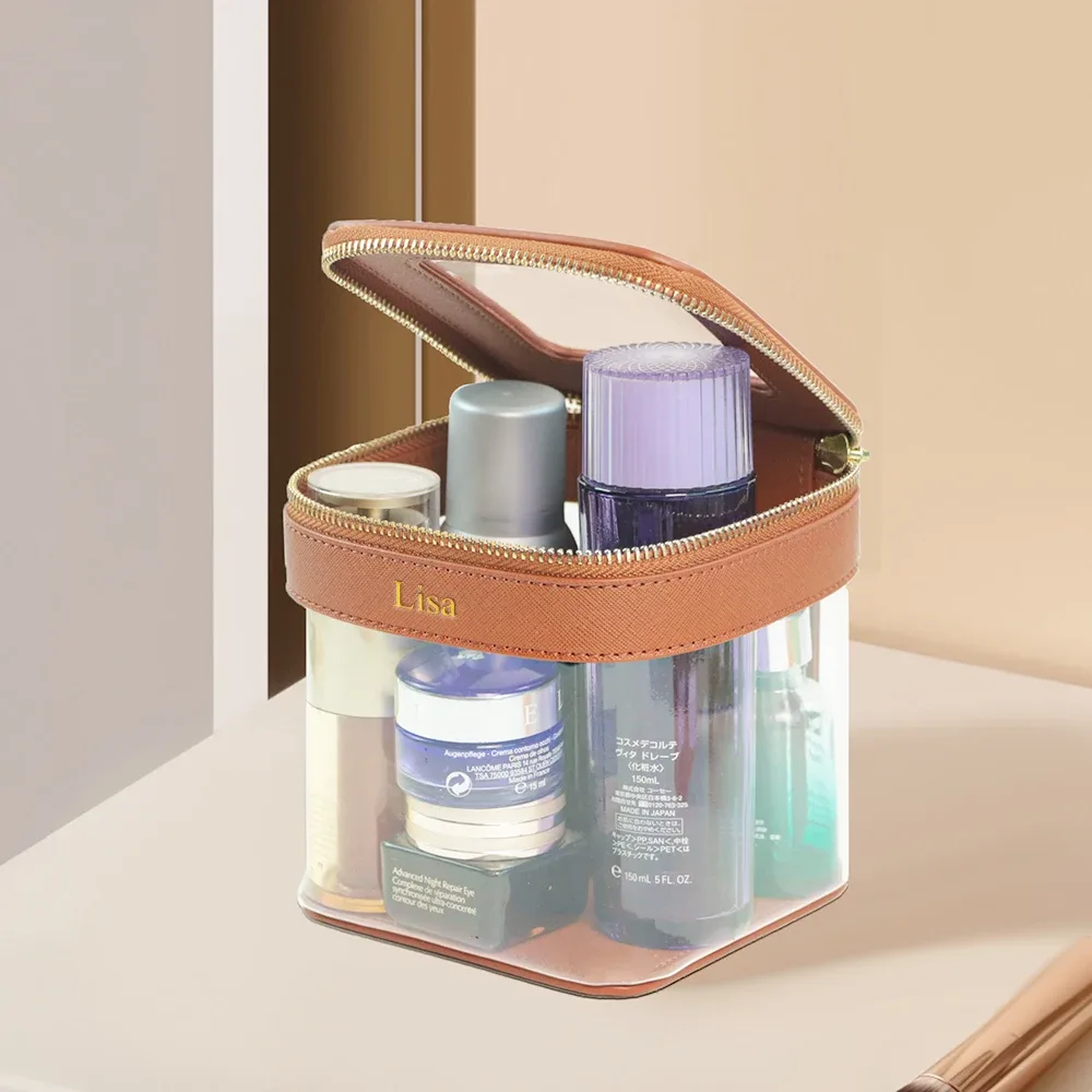 pochette de maquillage et trousse de toilette personnalisables avec nom, design transparent et visuel, grande capacité, portable pour les voyages