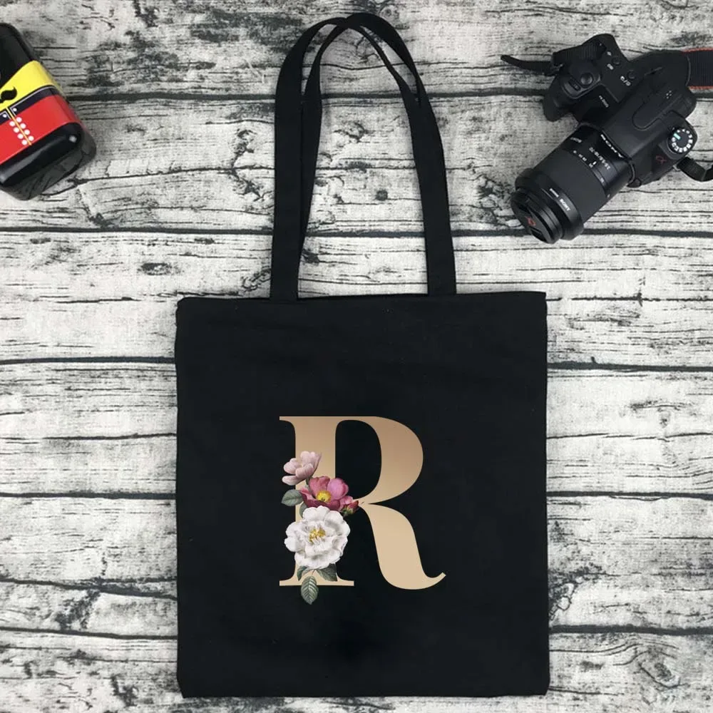 sac de shopping écologique pour femmes, sac à bandoulière portable pliable noir, sac à main réutilisable de grande capacité avec lettres, fourre-tout bolsos