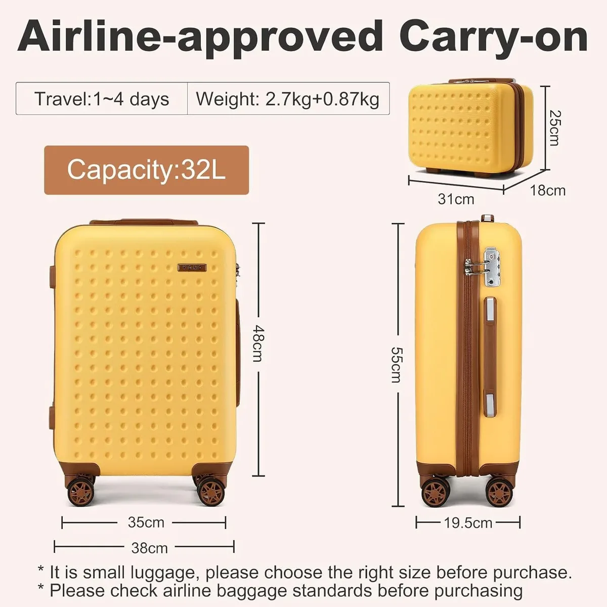 kono ensemble valises rigides 13 pouces trousse de maquillage et 20 pouces bagage cabine, trolley abs+pc serrure tsa roulettes 360° silencieuses
