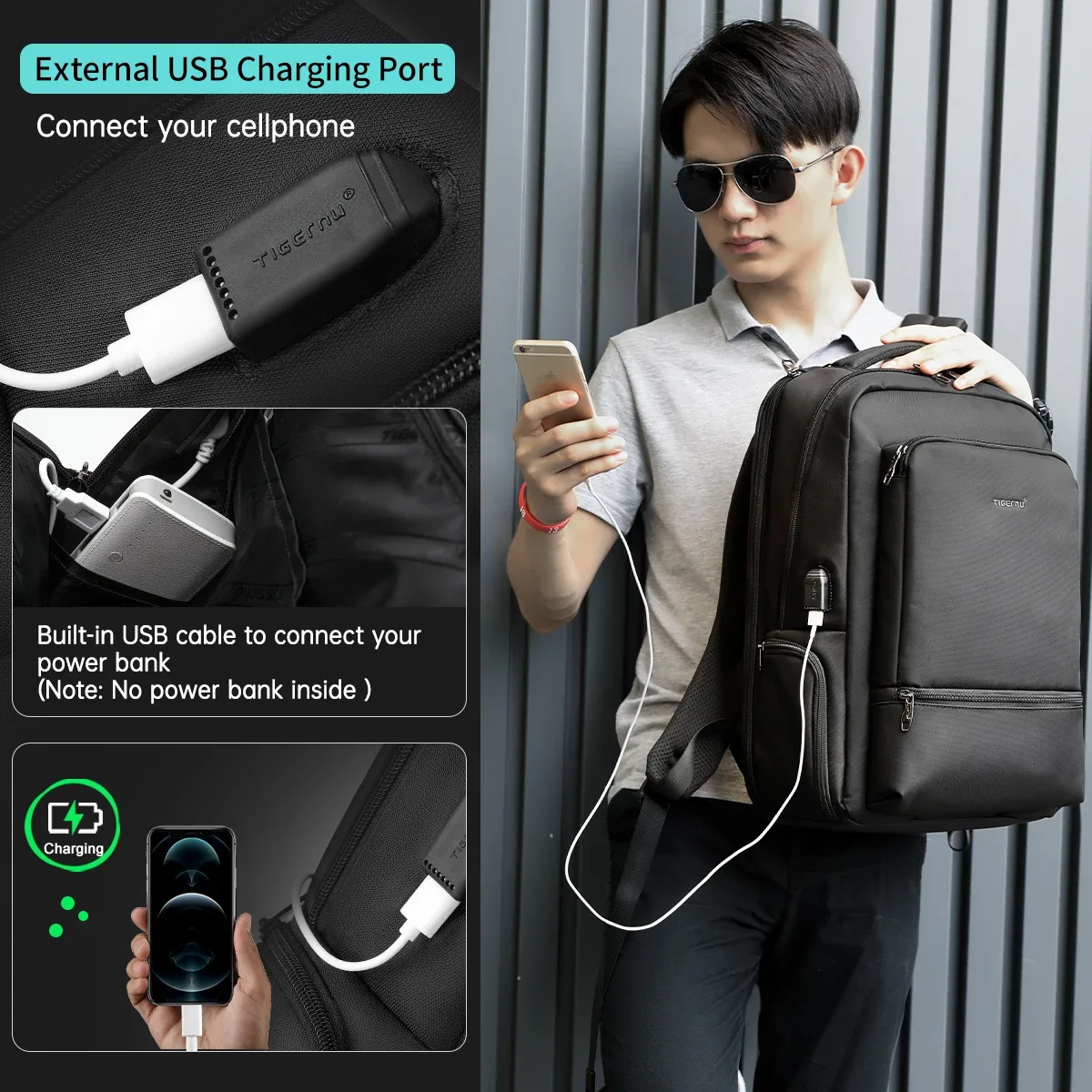 tigernu – sac à dos en nylon antivol pour hommes, 22l, pour ordinateur portable de 15.6 pouces, sac de voyage avec chargeur usb, mochila, cartable pour hommes