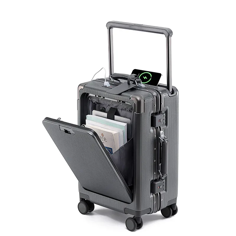 valise à roulettes de voyage d'affaires multifonctionnelle avec cadre en aluminium à ouverture frontale de 20 pouces, serrure à combinaison et poignée télescopique large