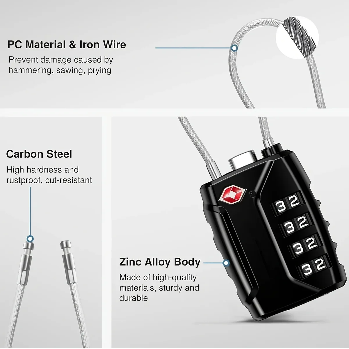 cadenas à 4 chiffres compatible tsa avec câble en acier flexible, serrure à combinaison réinitialisable pour valise, sac à dos, sac de voyage