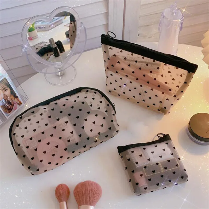 sacs de maquillage cosmétiques en maille, porte-étui, fermeture éclair transparente, mignon, noir, cœur imprimé, trousse à crayons, pochette pratique à transporter