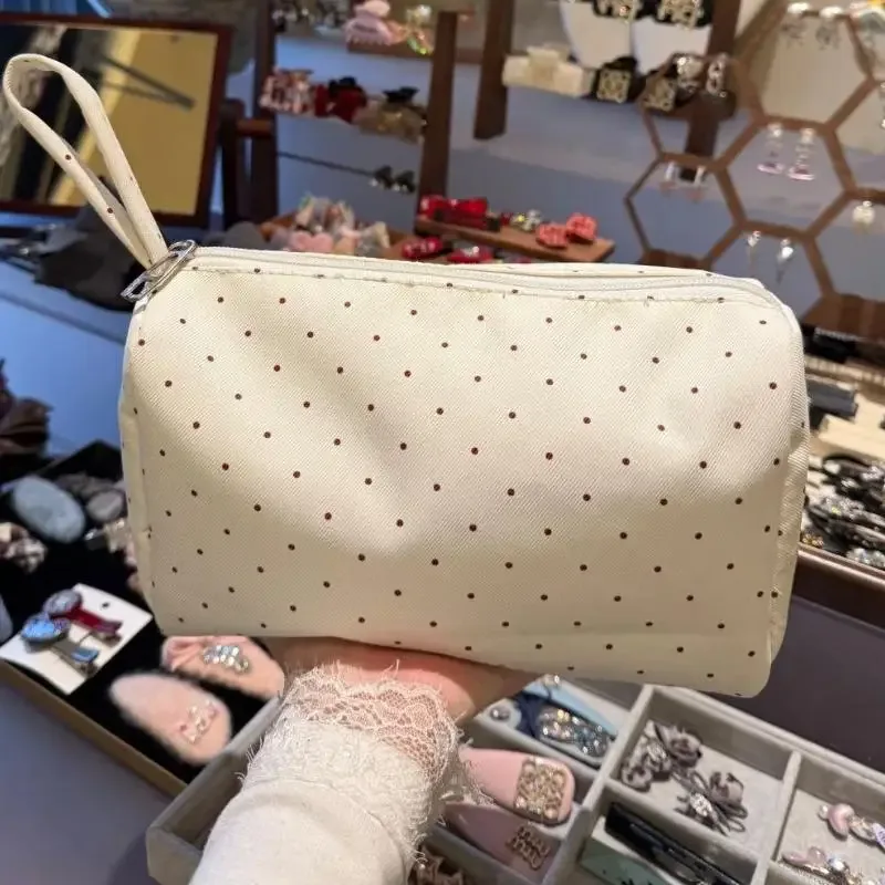 trousse de toilette grande capacité à fermeture éclair en twill à pois, portable, pour étudiants, dortoir et voyage