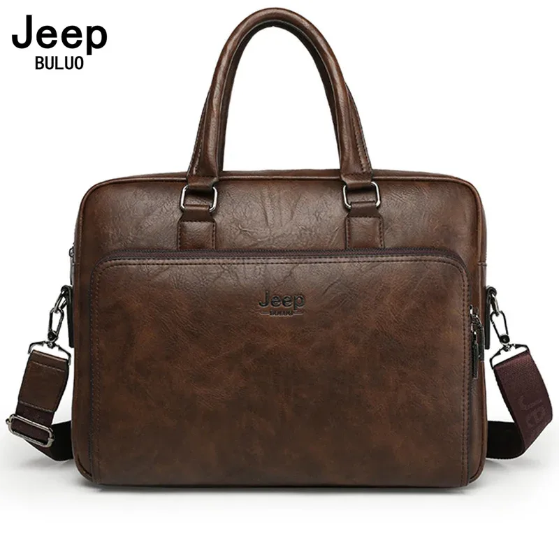 JEEP BULUO – sac à main en croûte de cuir pour hommes, sac d'affaires de grande capacité pour ordinateur portable 14 pouces, porte-documents de bonne qualité