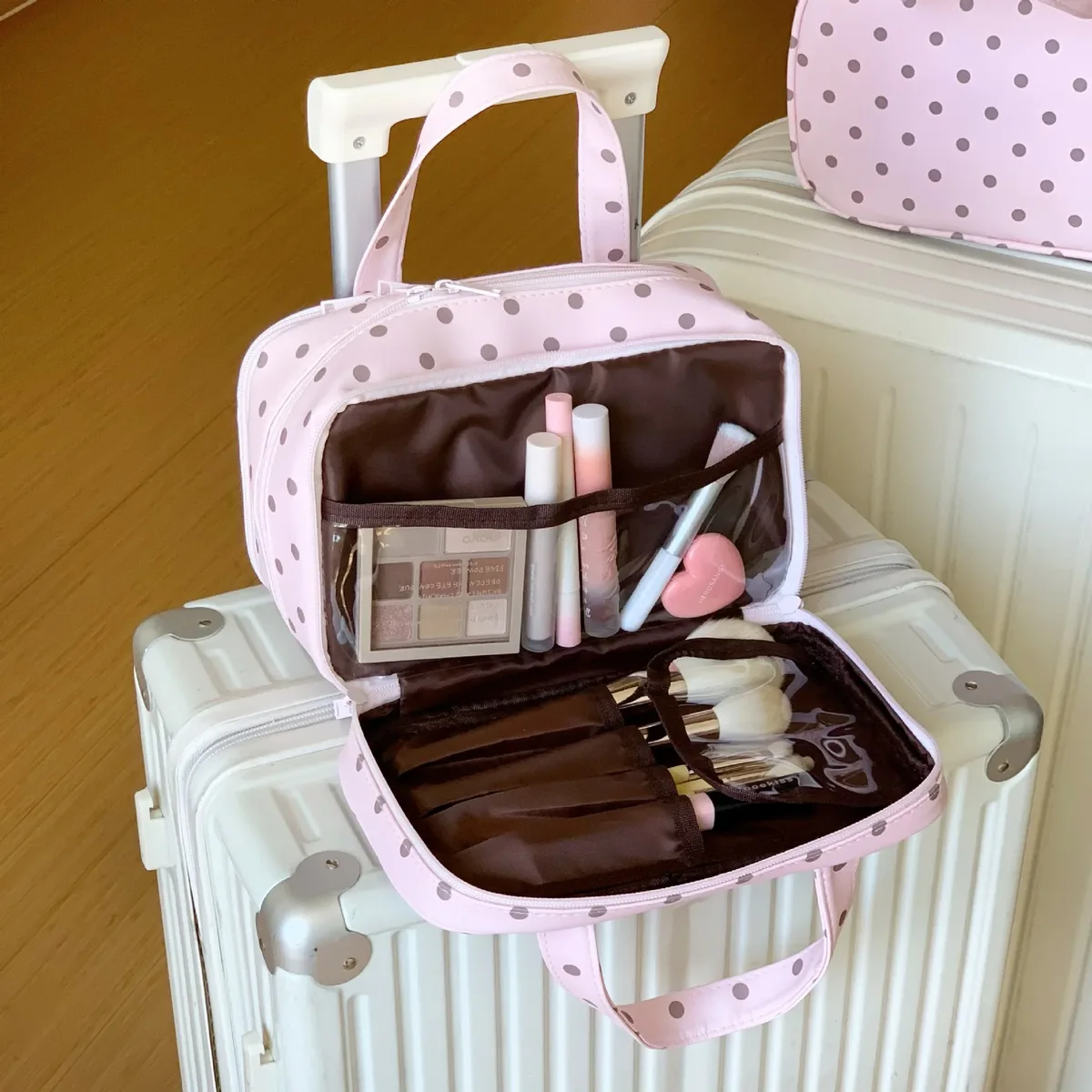 grande trousse à cosmétiques à pois, avec poignée portable, organisateur de maquillage multi-compartiments pour femmes, pour une utilisation quotidienne en voyage
