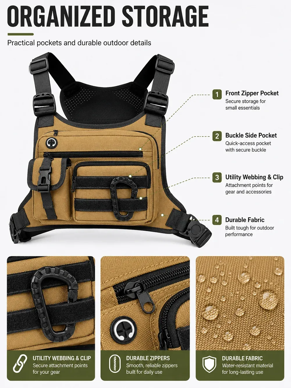 sac de poitrine tactique pour hommes, edc, antivol, imperméable, sac bandoulière, sac de poitrine pour le cyclisme, la course à pied, les activités de plein air, sac bandoulière