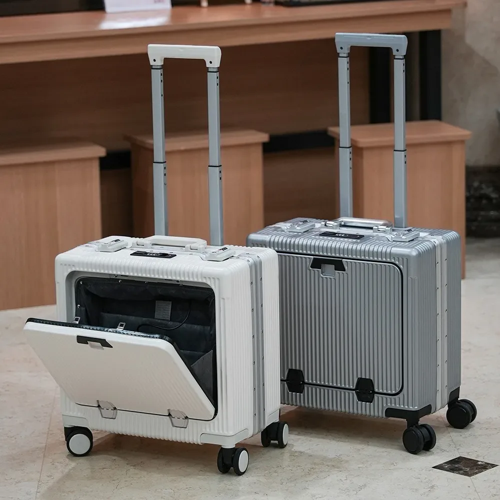 valise de poche à ouverture avant de 18 pouces, cadre en alliage d'aluminium, bagages roulants, sacs de chariot de voyage d'embarquement avec roue rotative