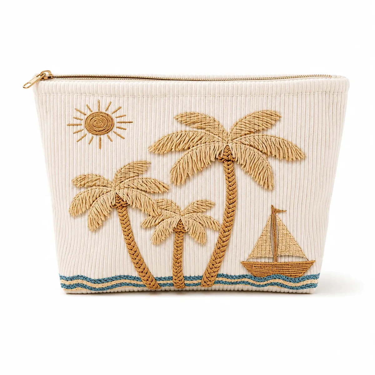 pochette de maquillage en velours côtelé brodée tropicale, grande trousse de toilette de voyage pour femmes, rangement pour articles de toilette de plage