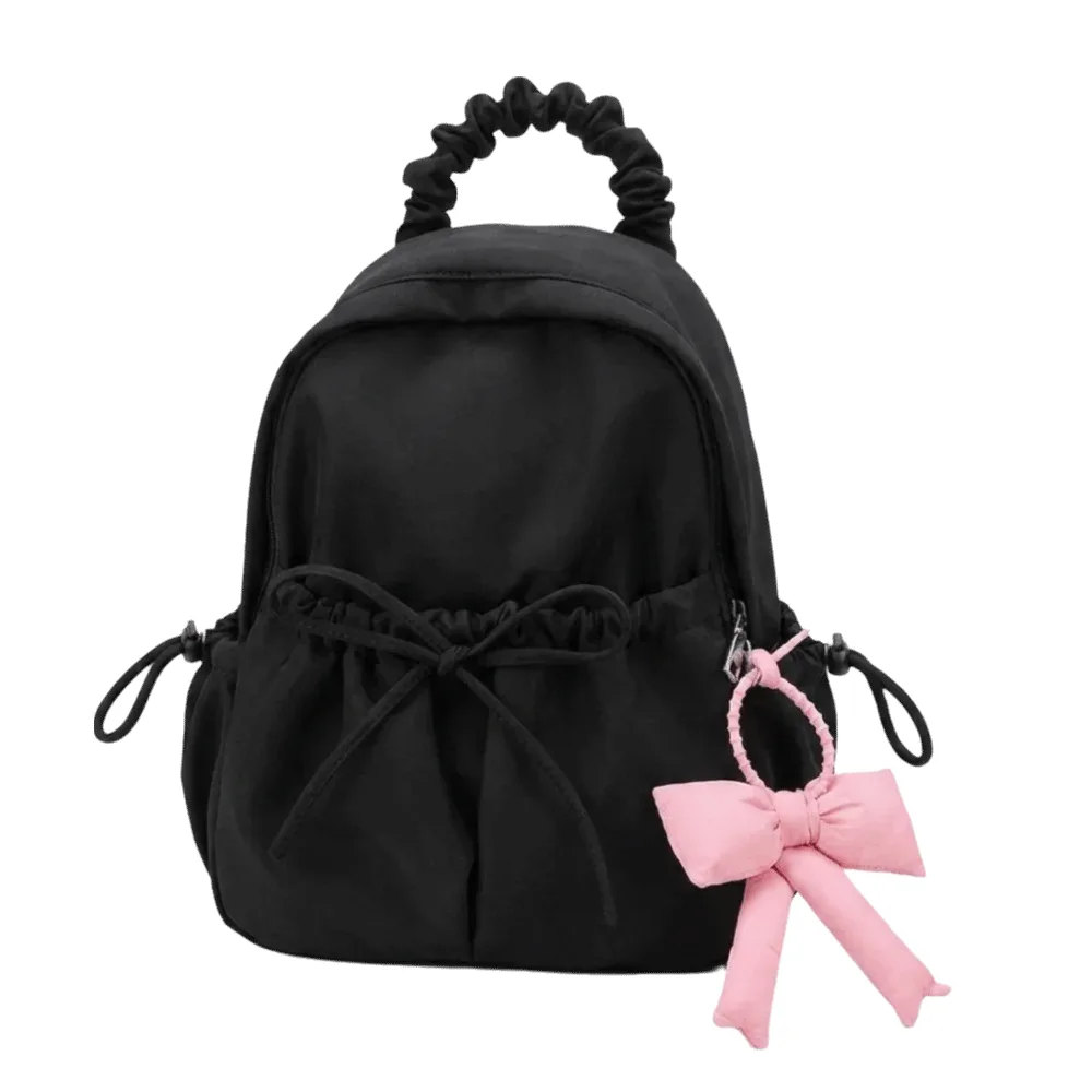 sac à dos en nylon pour étudiants, grande capacité, design plissé, sac de voyage, bretelles réglables, sac à dos souple avec nœud.