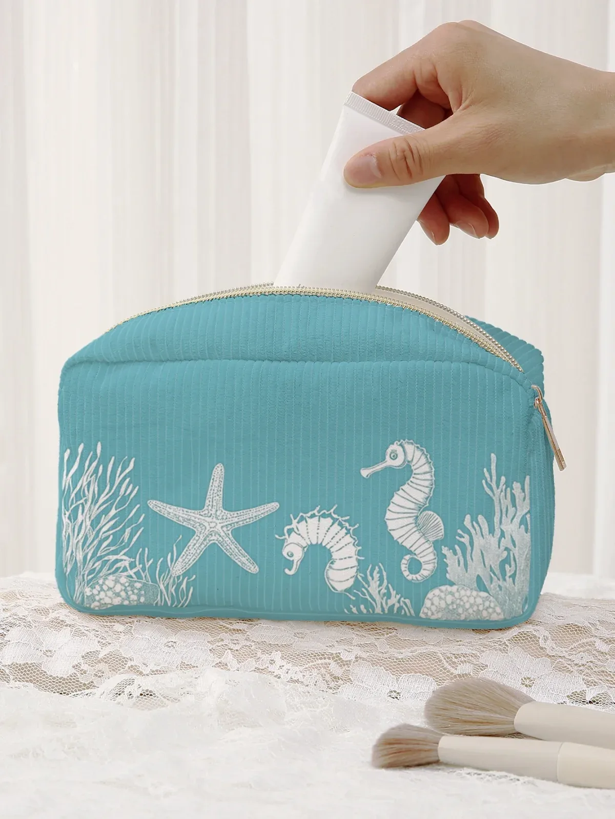 trousse de maquillage à motif vue sur la mer sous l'eau, grande capacité, trousse de toilette de voyage, sac de rangement pour maquillage femme