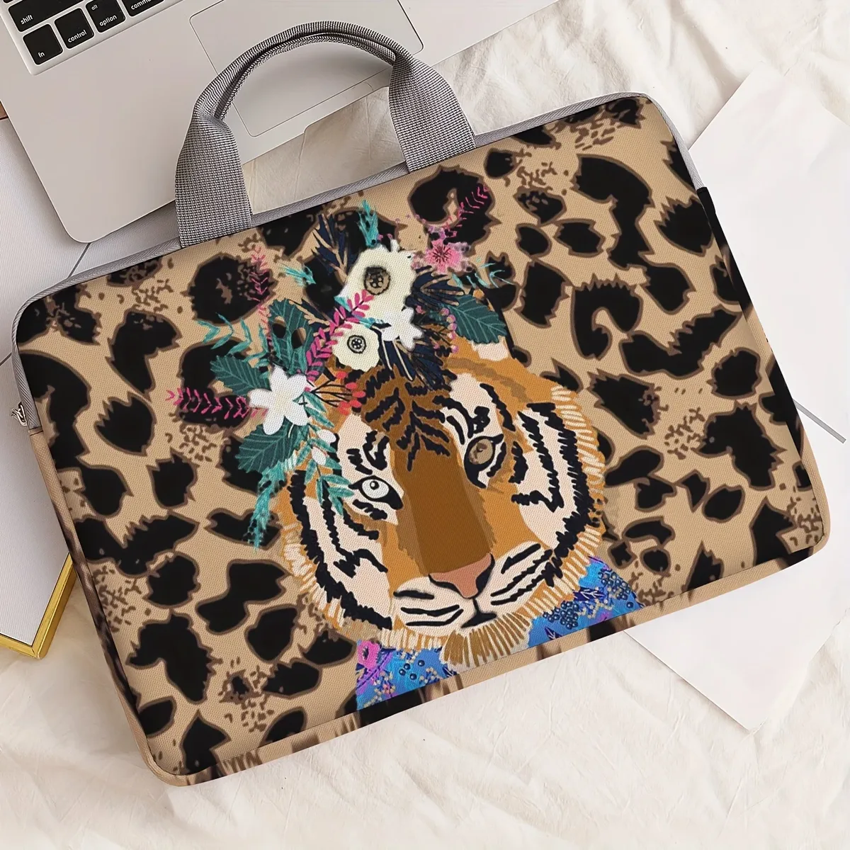 ensemble unique, deux styles, sacoche pour ordinateur portable et porte-documents à motif de tigre, adapté aux ordinateurs portables de 14 pouces.