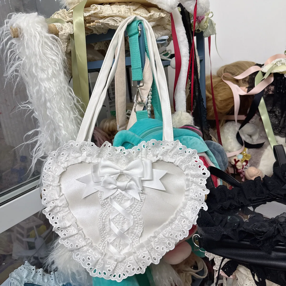 lolita fait à la main amour coeur dentelle fleur mignon sac à bandoulière douce fille étudiants arc fourre-tout sacs à main