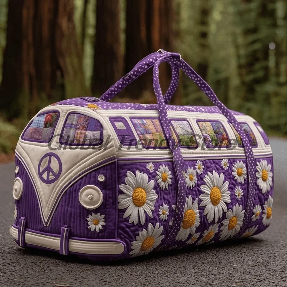 sac de voyage matelassé pour homme, motif floral et bus de la paix, sac fourre-tout décontracté pour femme, sac de week-end