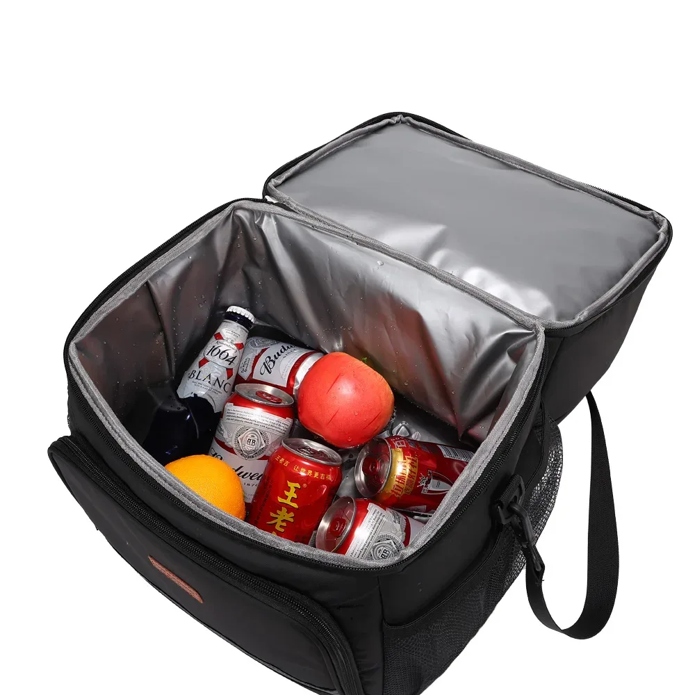 sac dos polyester noir isolement compartiments poche latérale poignée supérieure sacoche voyage fruits boissons