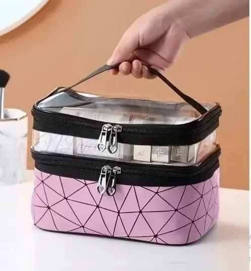 sac de maquillage portable double couche grande capacité, trousse de toilette étanche de voyage, pochette de rangement portable pour cosmétiques