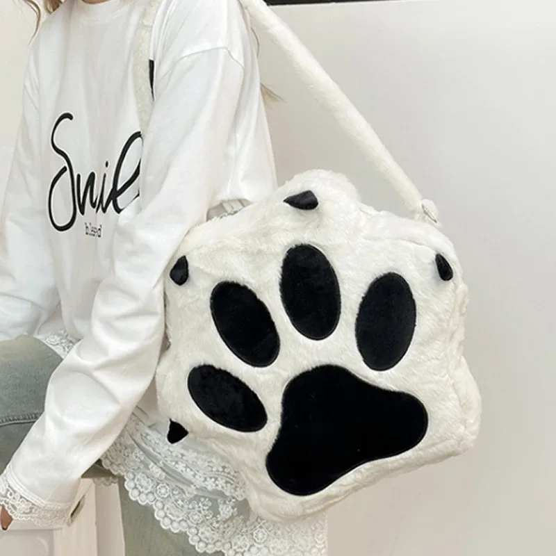 sac à dos en peluche doux et moelleux en forme de patte de chiot ou de chat, style kawaii, avec bretelles réglables, motif animaux de dessin animé, grande capacité