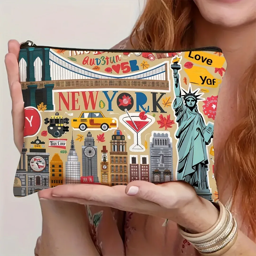 trousse de maquillage design new york city avec monuments emblématiques, pochette cosmétique de voyage compacte pour femmes, cadeau pour sac de rangement de noël