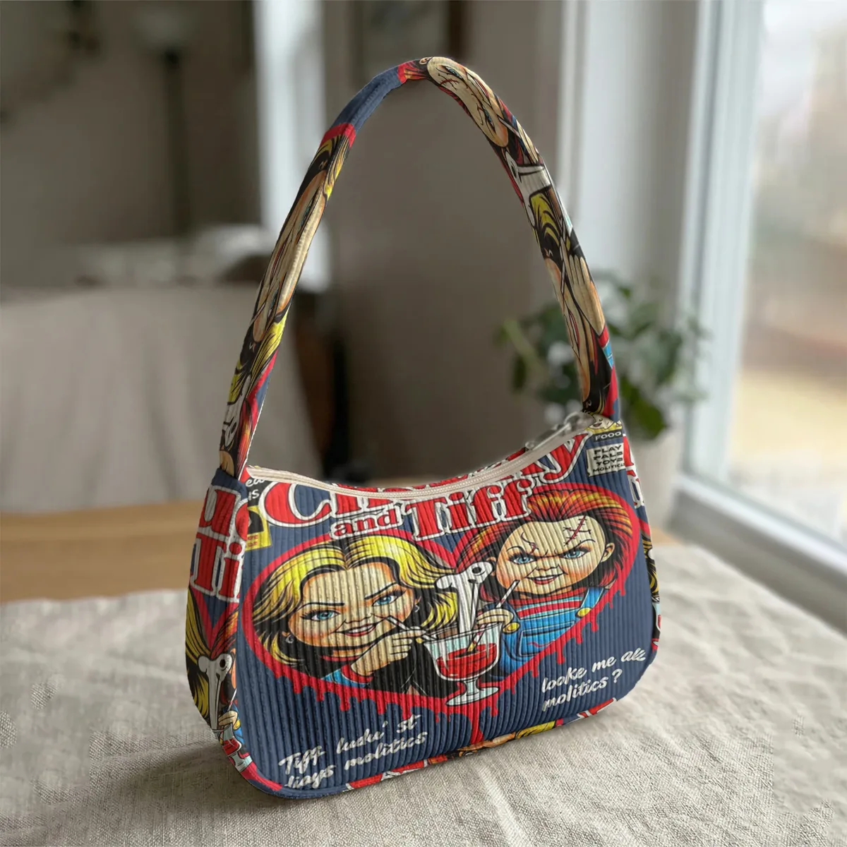 sac à bandoulière tendance imprimé chucky & tiffany, sac sous le bras en velours côtelé pour un usage quotidien décontracté