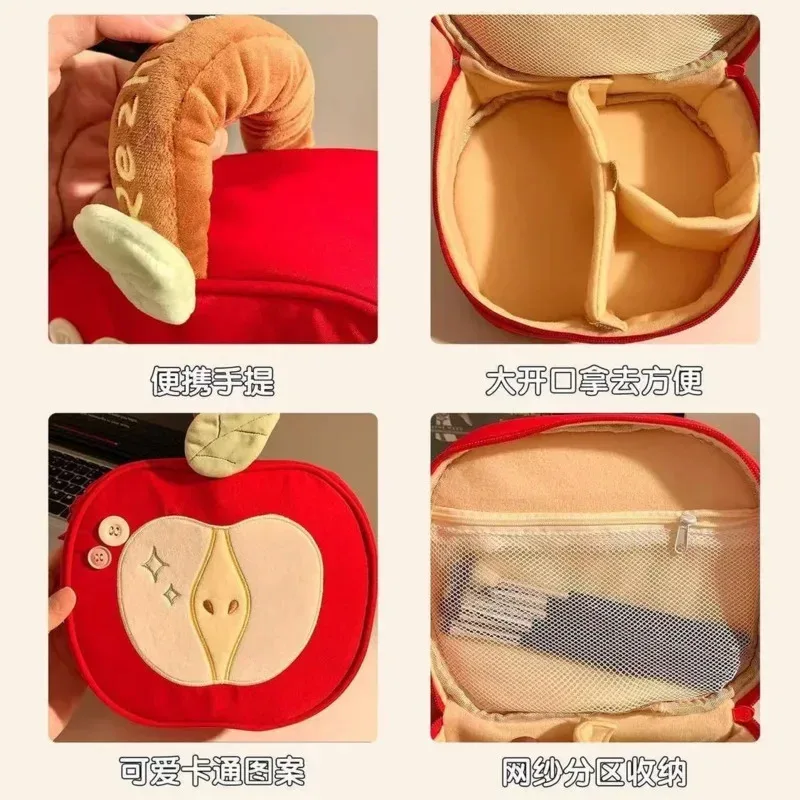 sac cosmétique en peluche rouge pomme, pochette de maquillage portable, organisateur de toilette, grande capacité, sac de voyage pour produits de soin de la peau pour femmes