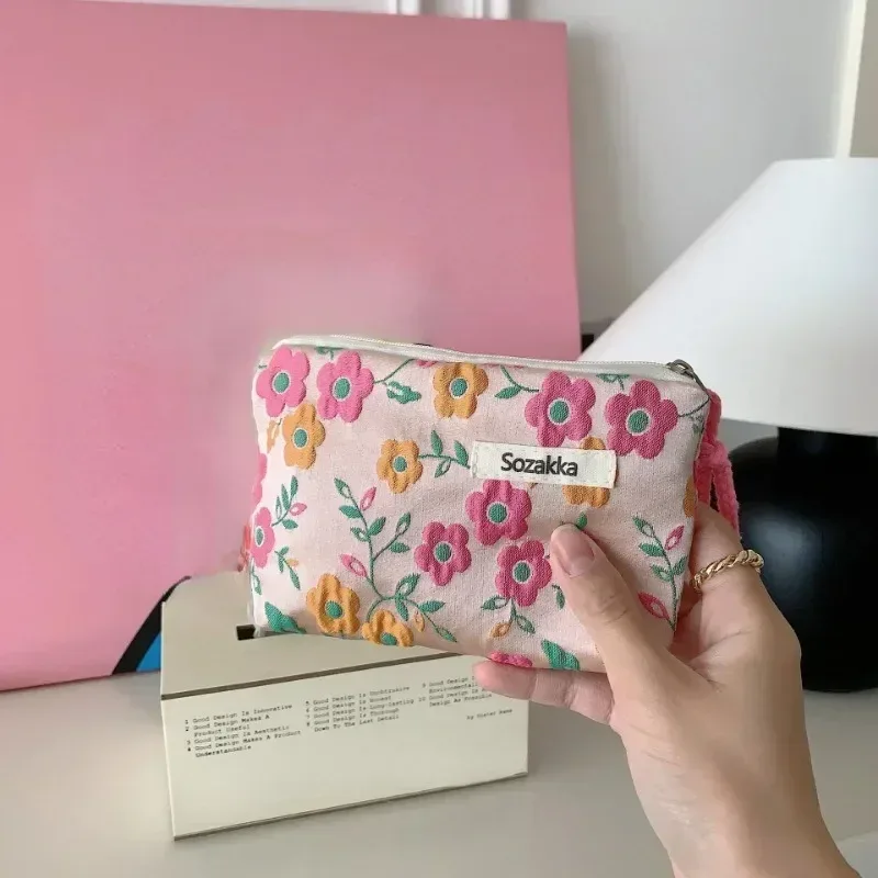 petite trousse de maquillage cosmétique pour femmes et filles, mini sacs à fleurs en coton, trousse de maquillage rouge à lèvres, sac à main pour enfants, trousse à poudres à monnaie