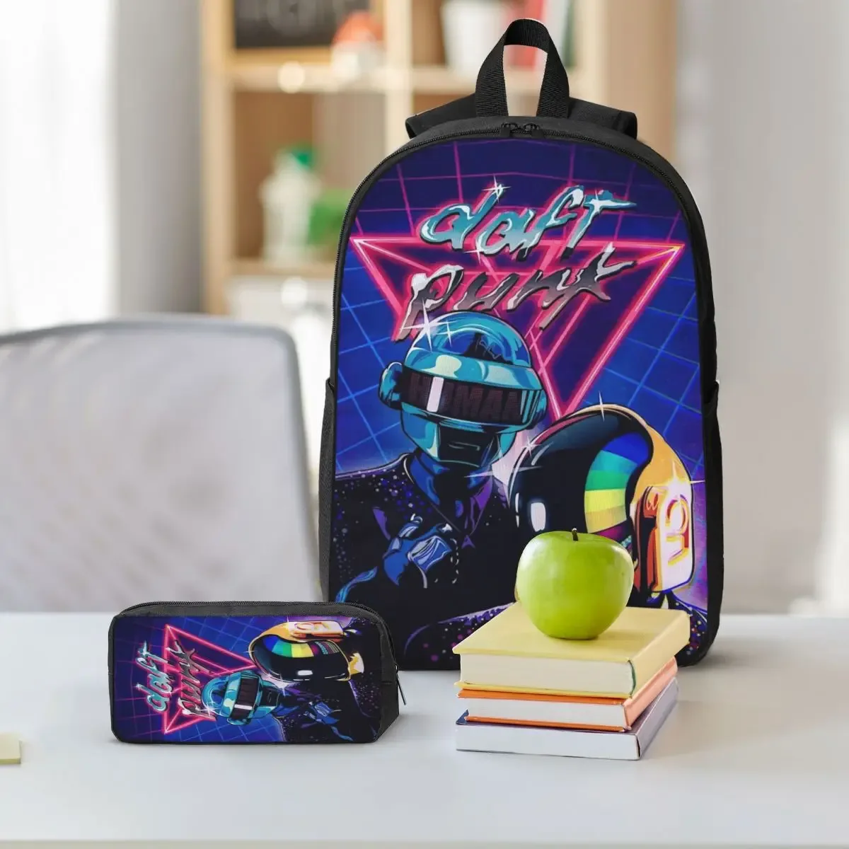 sac dos polyester oxford université motif dessin animé daft punk néon bleu nuit trousse sacs assortis poches latérales fermeture glissière