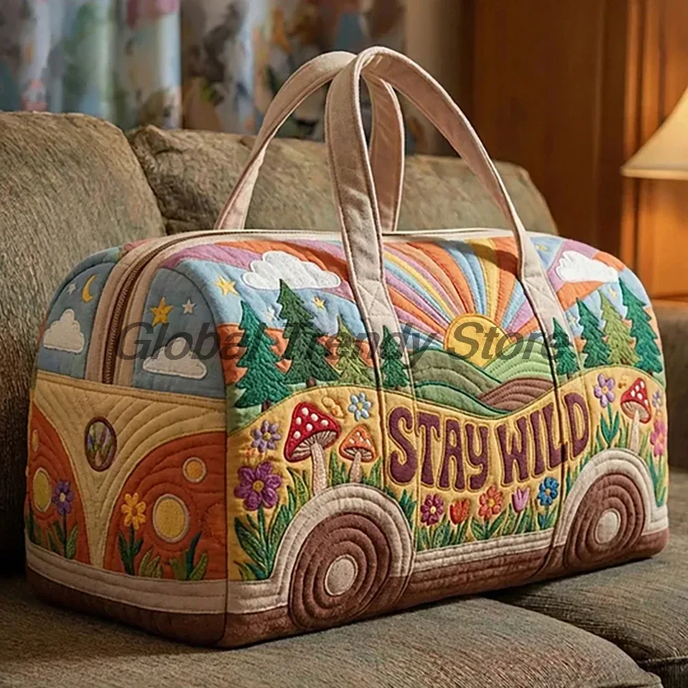 sac de voyage matelassé pour homme, motif floral et bus de la paix, sac fourre-tout décontracté pour femme, sac de week-end