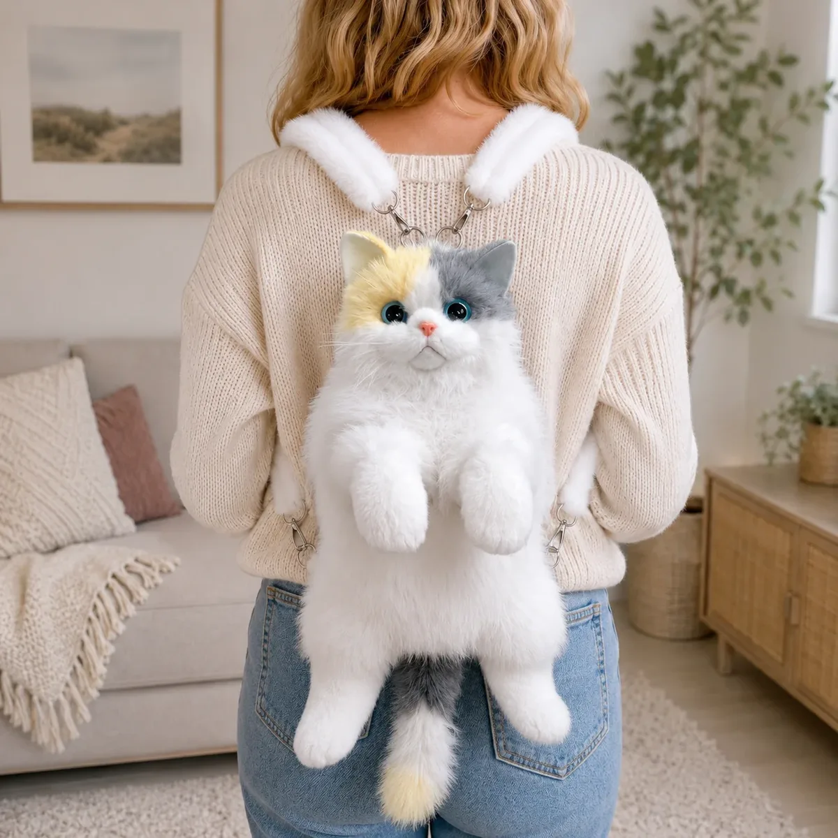 sac à dos en peluche chat mignon pour filles, sac animal kawaii 14 pouces, sac à bandoulière chaton doux pour tenues de tous les jours et cadeaux