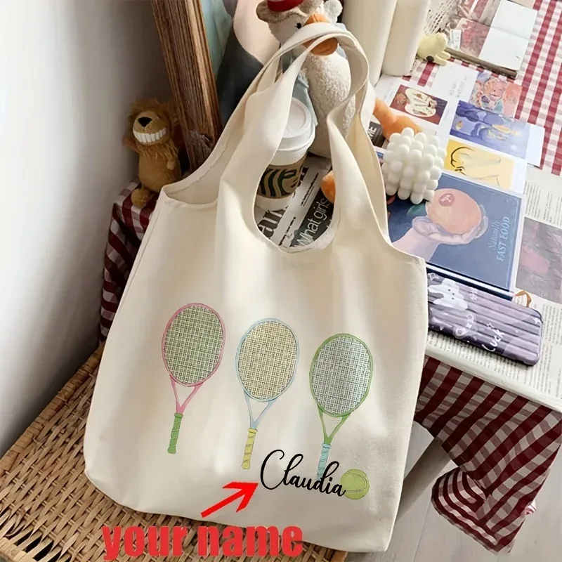 sac fourre-tout personnalisé avec motif tennis et nom, sac à bandoulière littéraire, sac à livres illustré pour fille, cadeau pour joueurs de tennis